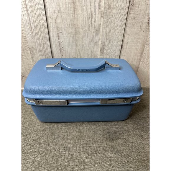 Samsonite Handbags - Vintage Samsonite Blue Makeup Train Case With Mirror and Tray Cosmetic Suitcase